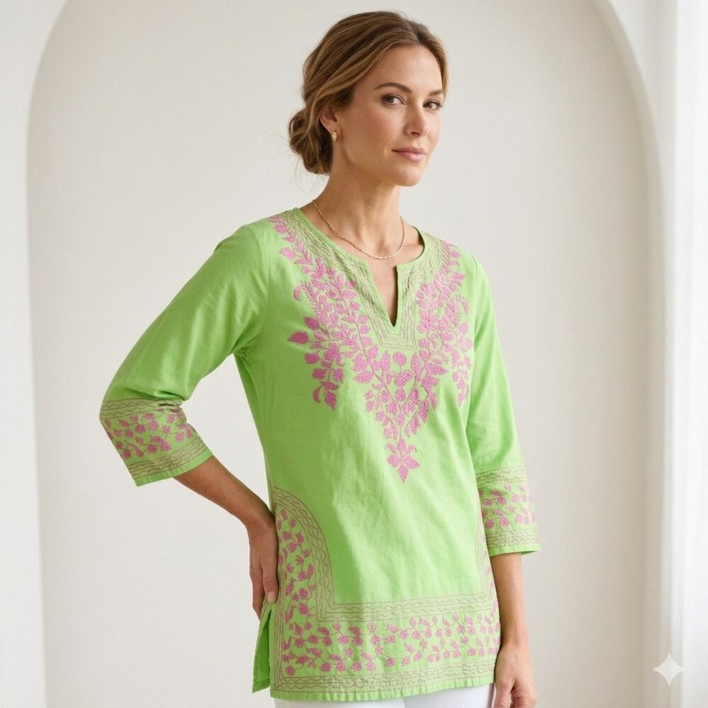 Gretchen Scott Embroidered Tunic Top Sz S Green Pink Cotton 3/4 Sleeve Coastal